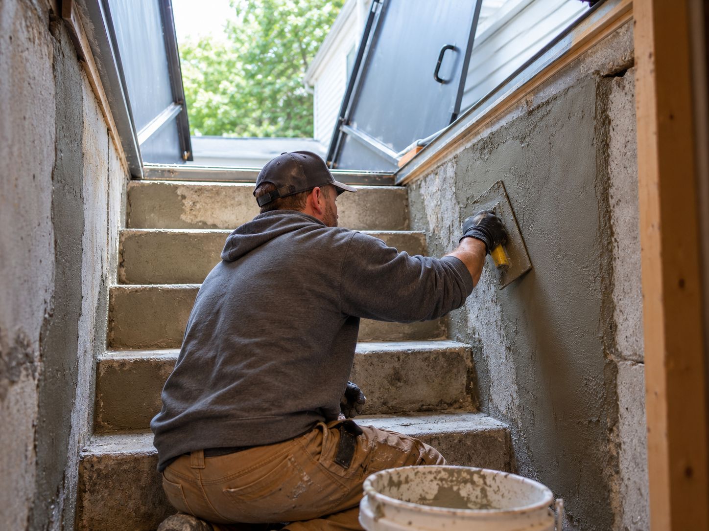 Basement Entrance Restoration Contractor repairing and resurfacing the interior walls of a basement hatchway entrance