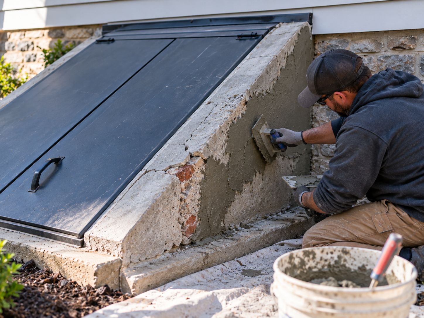 Bulkhead Concrete and Masonry Repair (1) Contractor repairing cracked concrete and masonry around a basement bulkhead