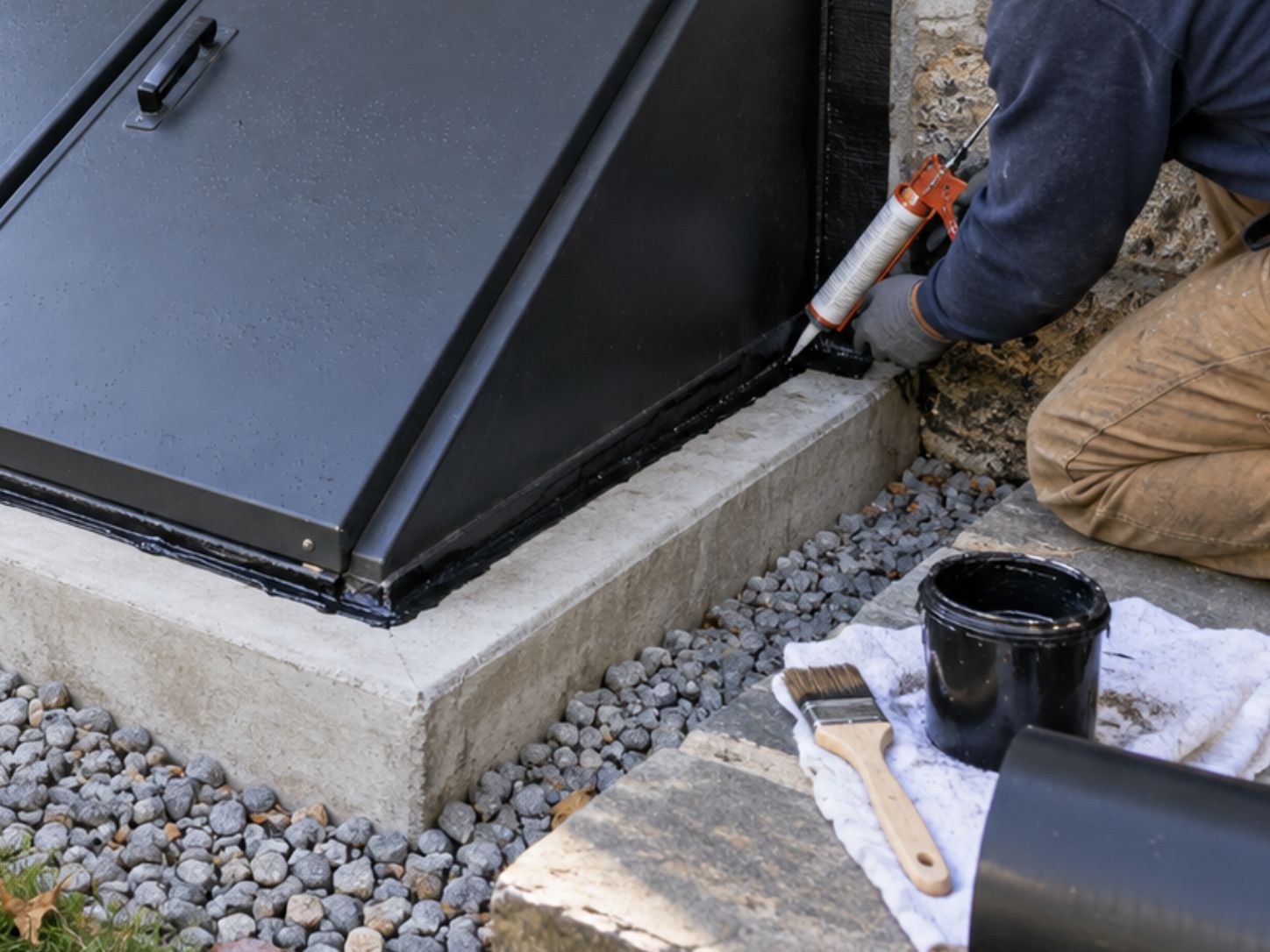 Hatchway Sealing and Waterproofing Close-up of waterproof sealant being applied around a basement hatchway frame