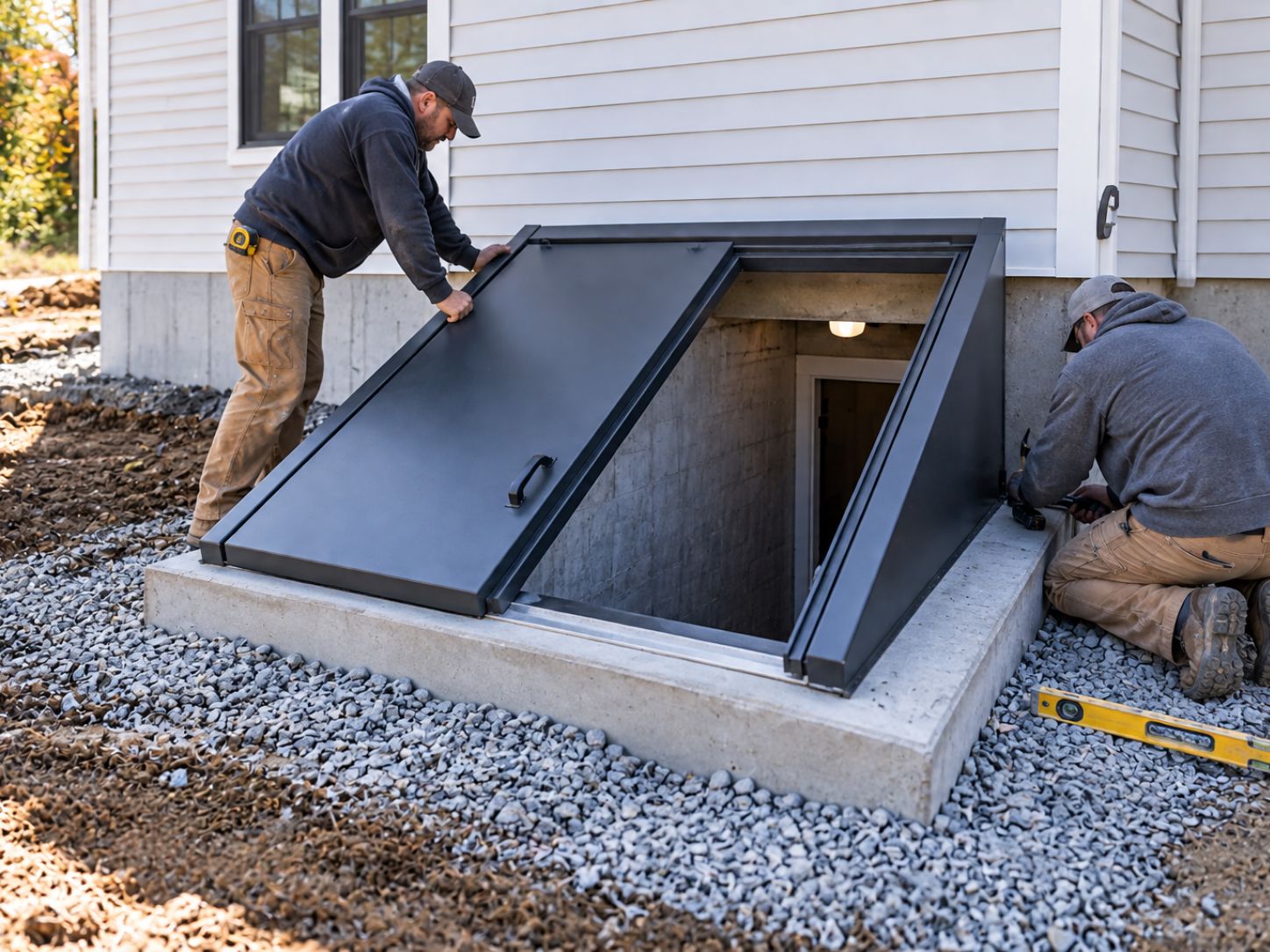 New Basement Bulkhead Installation (1) Contractors installing a new basement bulkhead on a Western Massachusetts home